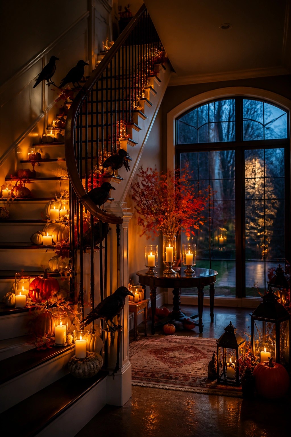 Curved staircase decorated with black crows perched on the railing, surrounded by lit candles and pumpkins.