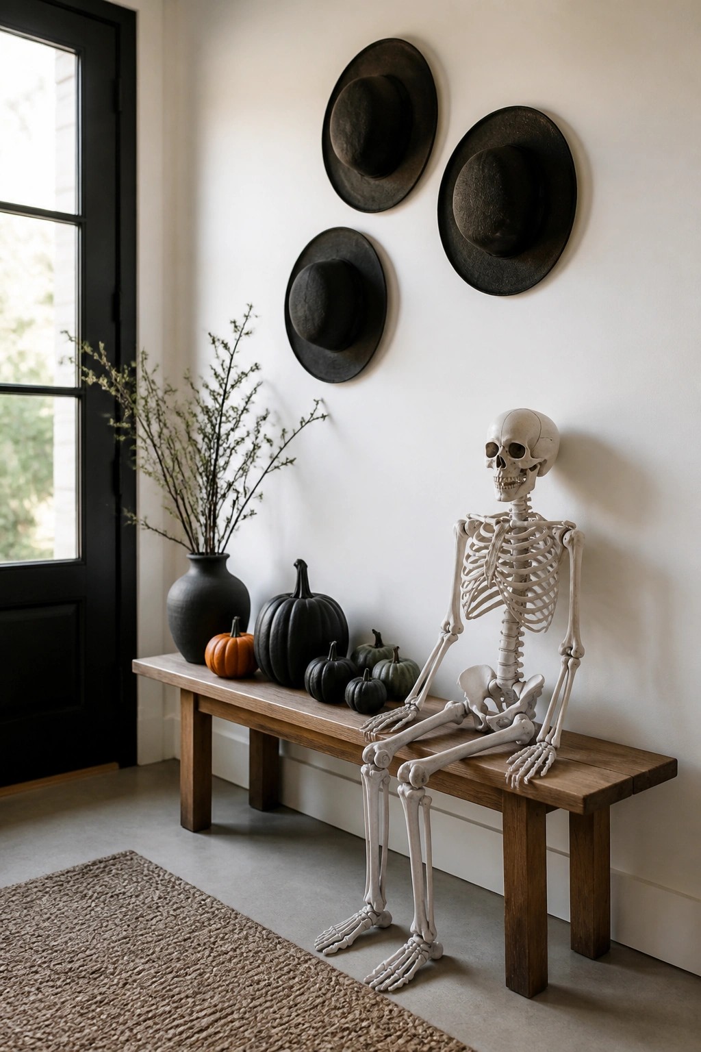 Skeleton seated on a wooden bench in an entryway with black and orange pumpkins beside it and dark hats hanging on the wall.