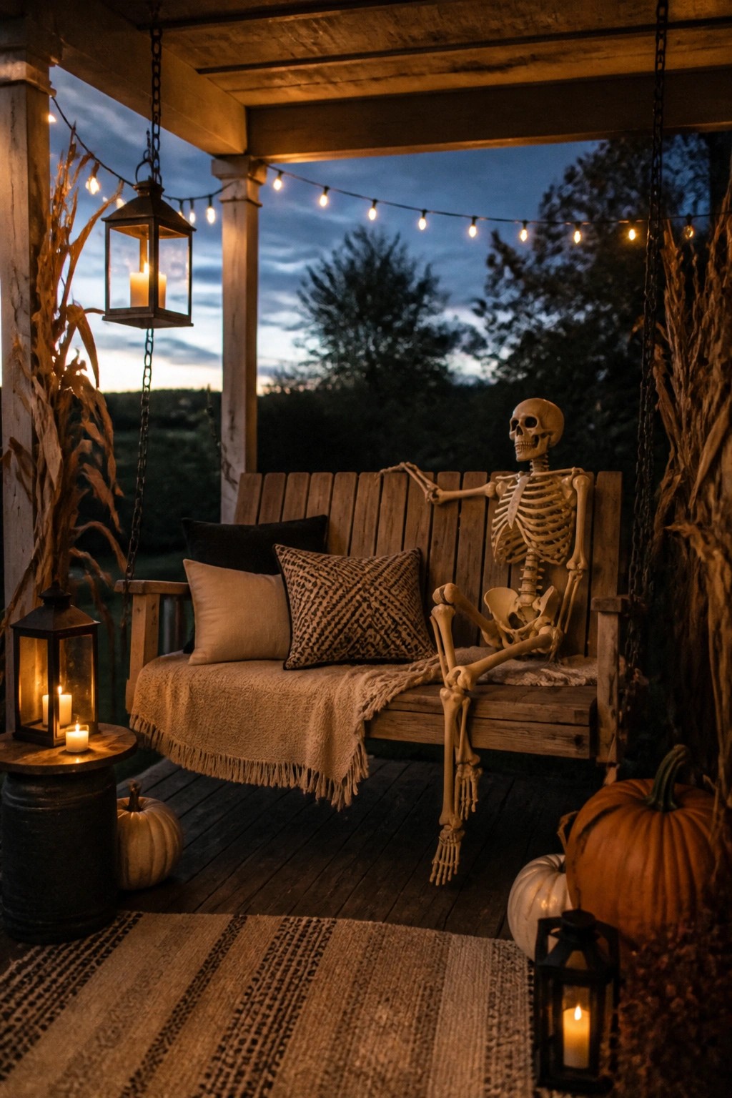 A skeleton posed on a wooden porch swing with lanterns and pumpkins nearby on a covered porch at dusk.