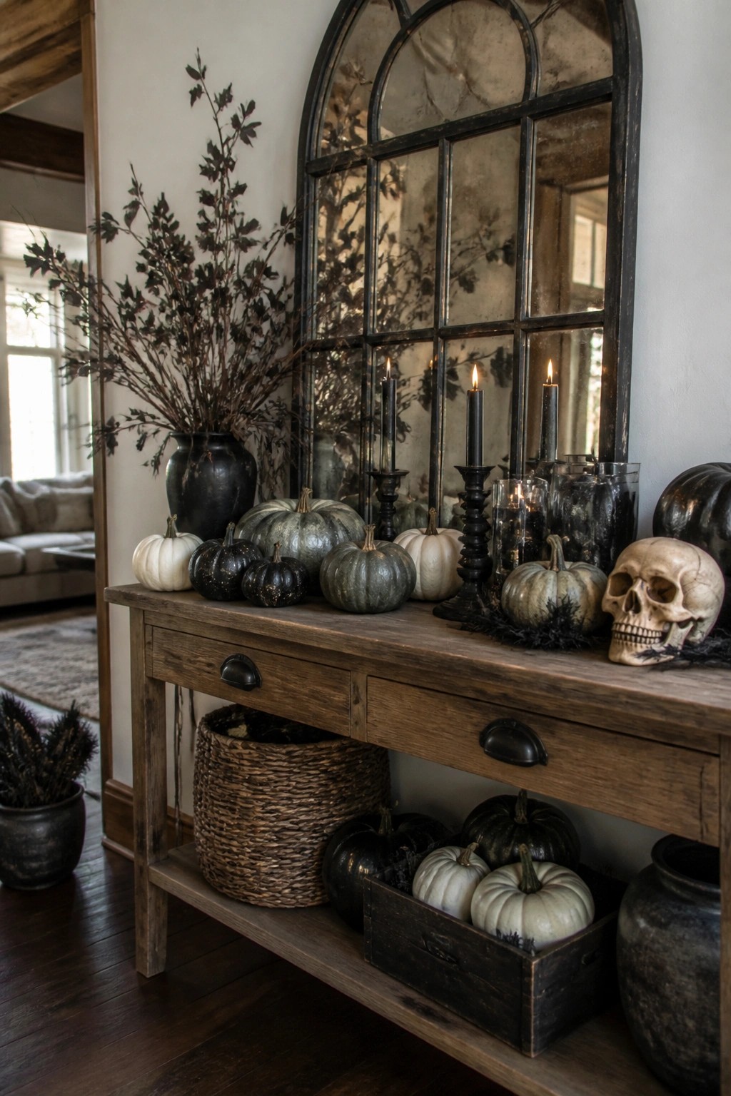 Entryway console table decorated with white and black pumpkins, black taper candles, a skull, and dark branches beneath a large arched mirror.