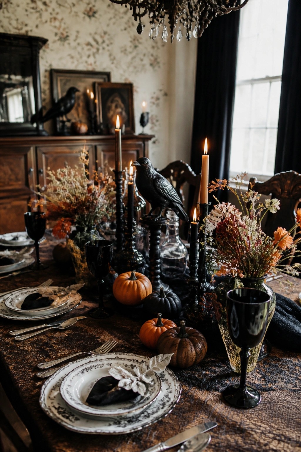 A dark wooden dining table set for Halloween with black crows on candlesticks, black candles, small orange and black pumpkins, and black glassware.