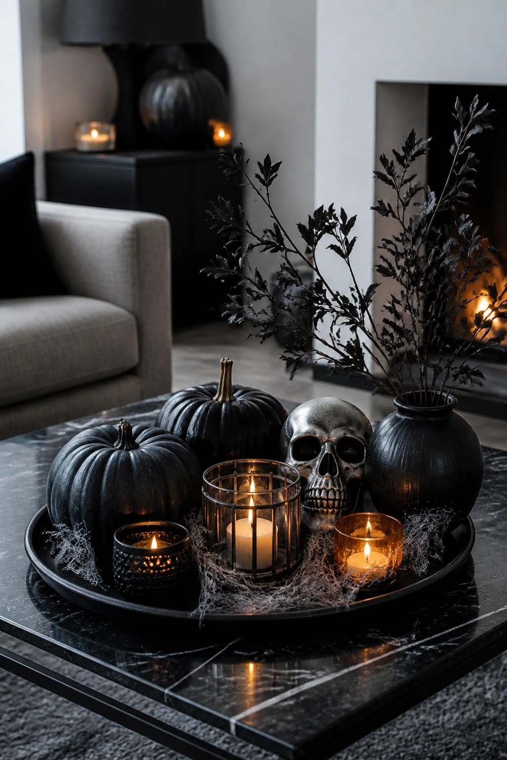 Tray with black pumpkins, skull, vase of branches, and lit candles on marble table