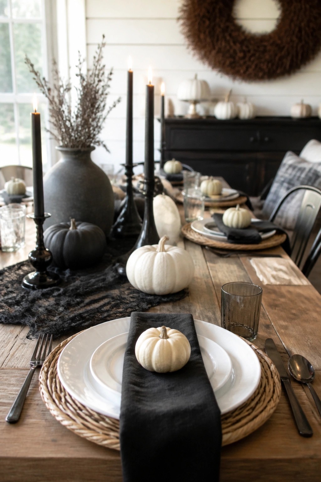 Rustic fall table with white pumpkins on black napkins, black candles, and woven placemats.