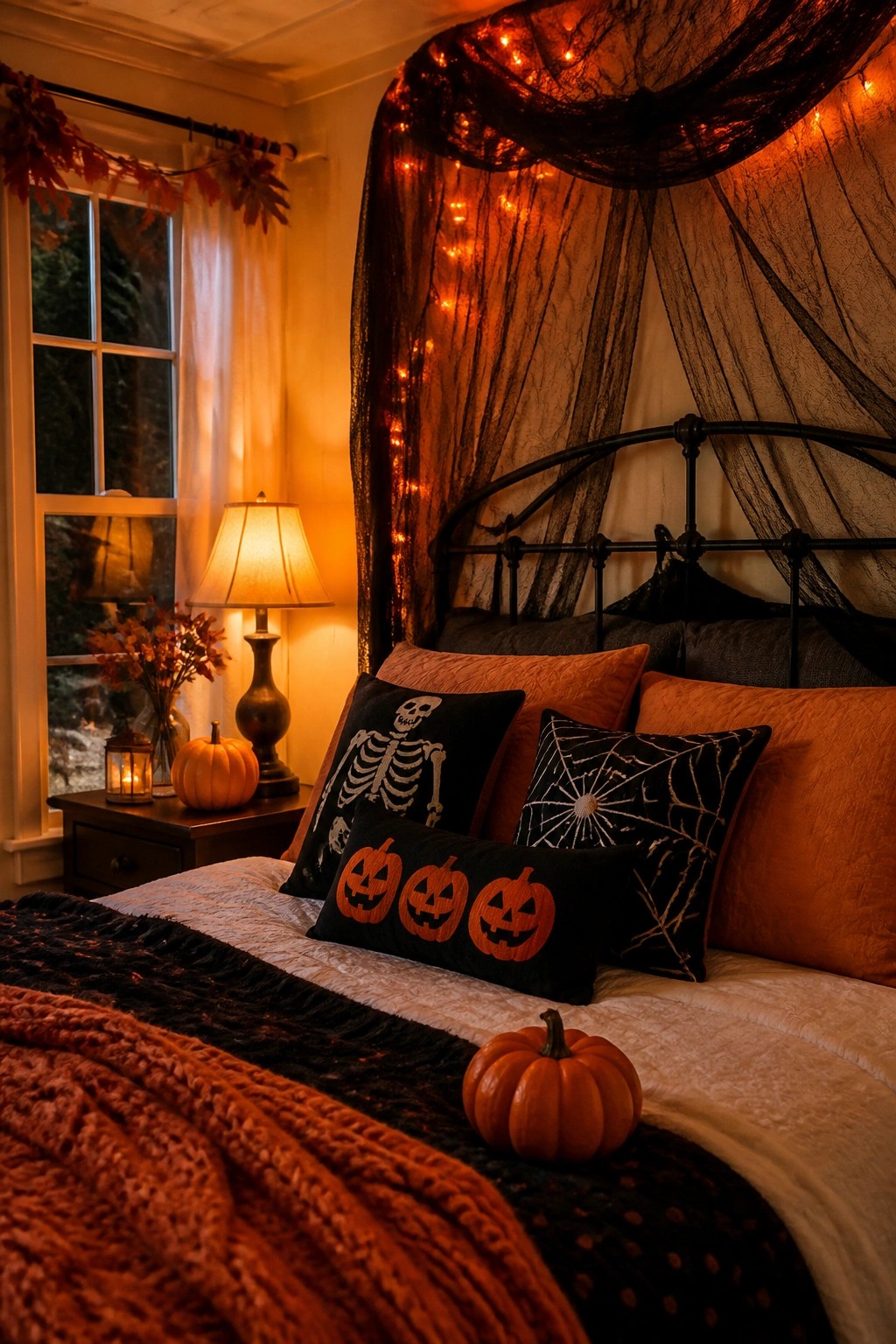 A bedroom bed topped with black pillows showing a skeleton, spiderweb, and three jack-o-lanterns, surrounded by orange pillows and string lights overhead.