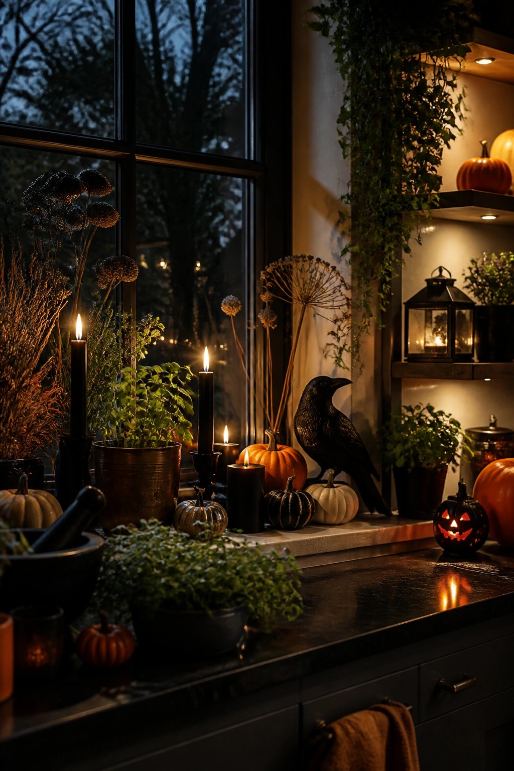 Kitchen windowsill with a black crow figure, black candles, orange pumpkins, and dried stems arranged in front of a large window.