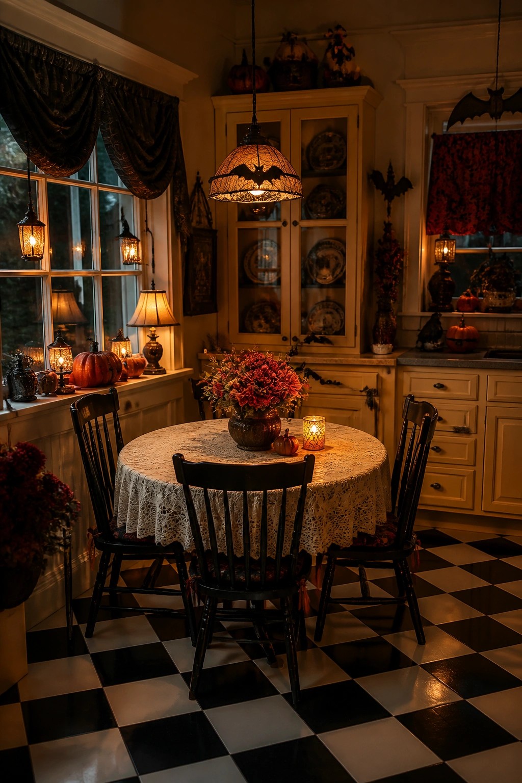 Cozy Halloween dining room with lace-covered round table, black chairs, and bat lantern.