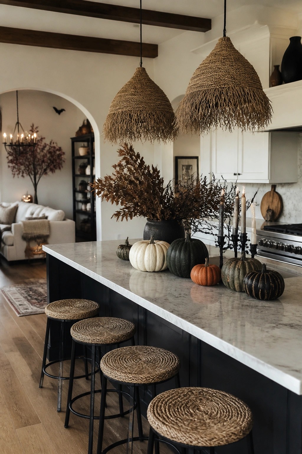 Kitchen island with a row of white, green, orange, and black pumpkins next to a dark vase of dried branches and black taper candles.