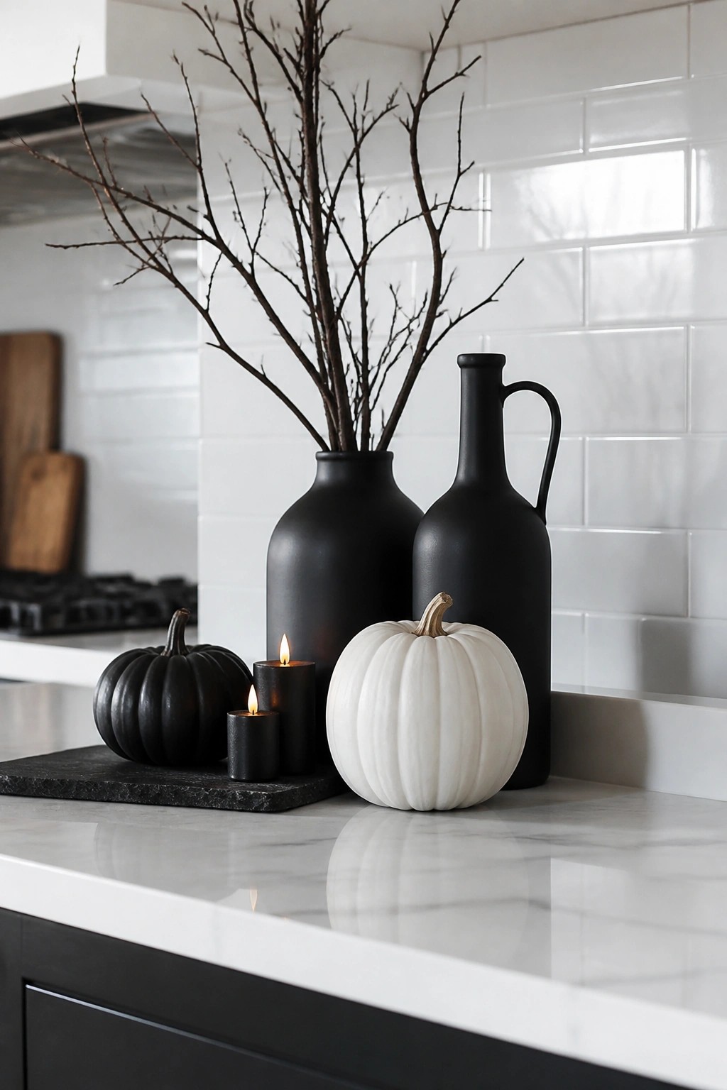 Kitchen counter with black and white pumpkins, black pillar candles on a tray, and bare branches in two matte black vases against white tile.