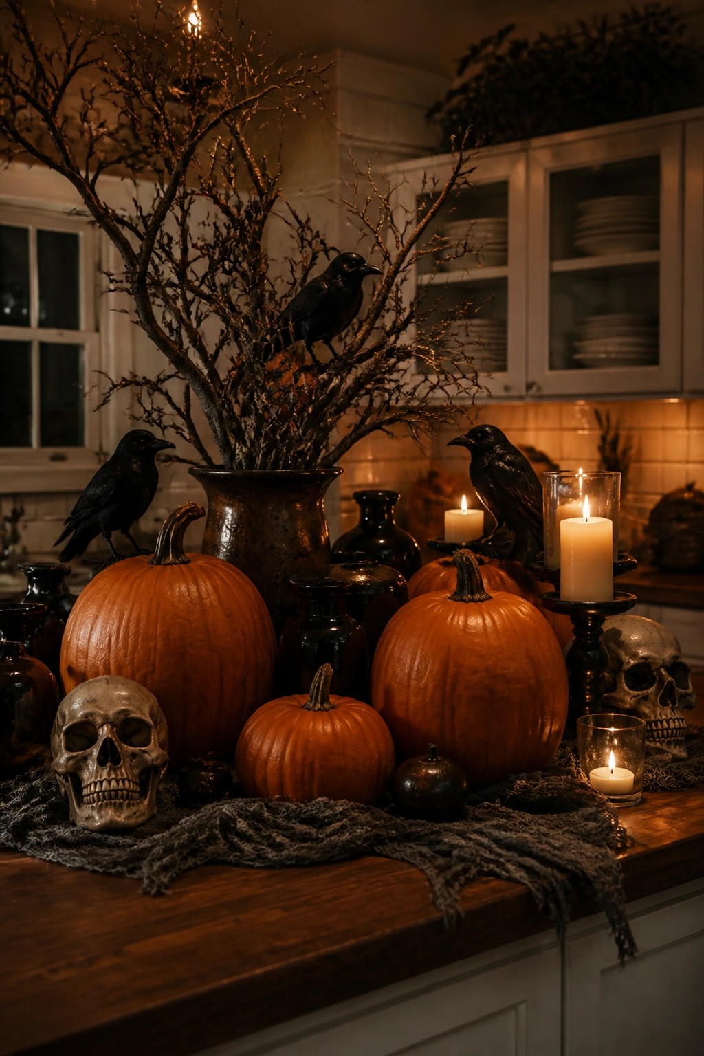 Kitchen counter with a tall black branch arrangement holding two crows, orange pumpkins, skulls, and lit candles arranged on a wooden surface.