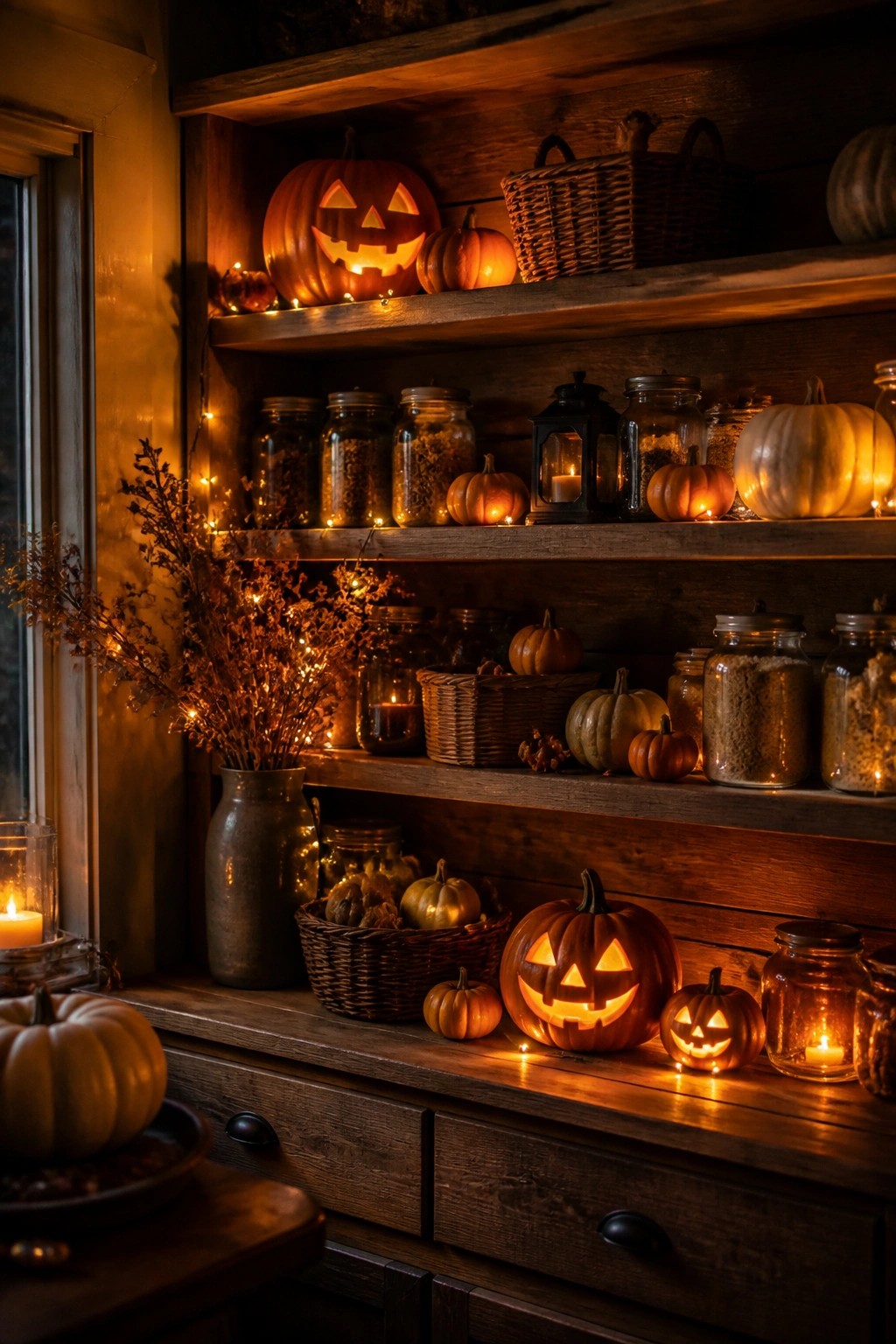 Kitchen shelves and counter holding several carved and lit jack o lanterns mixed with glass jars, baskets, and string lights.