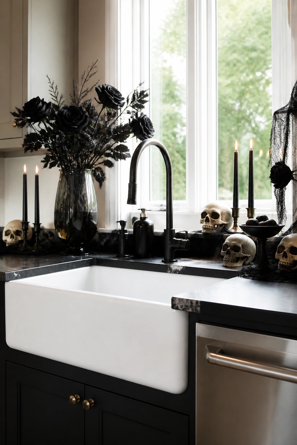 Kitchen sink with white basin and black faucet, surrounded by skulls, a vase of black roses, and lit black candles on a dark countertop.