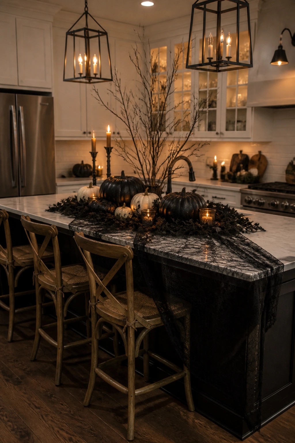 Dark kitchen island with black pumpkins, lace runner, candles and wooden stools