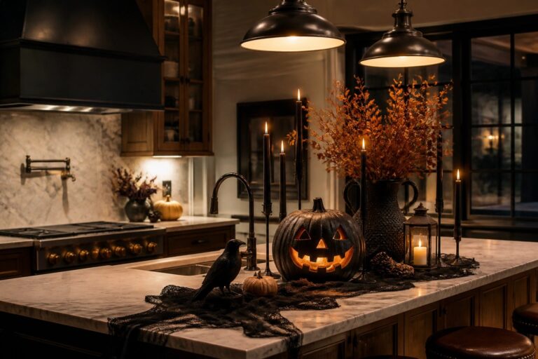 25 Elegant Halloween Kitchen Designs to Inspire Seasonal Cooking Dark kitchen island with black pumpkins, lace runner, candles and wooden stools