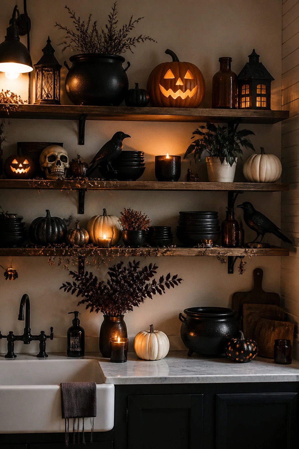 Kitchen open shelves styled with glowing jack o lanterns, black crows, skulls, and black dishware above a white sink.