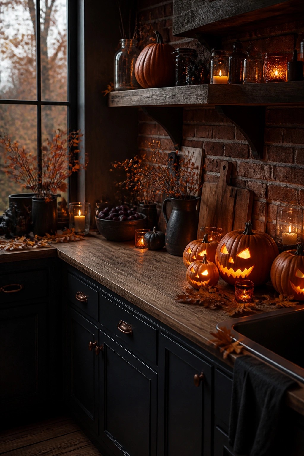 Kitchen counter lined with carved and lit jack-o'-lanterns next to glass candle holders on a wooden surface with dark cabinets and brick wall behind.