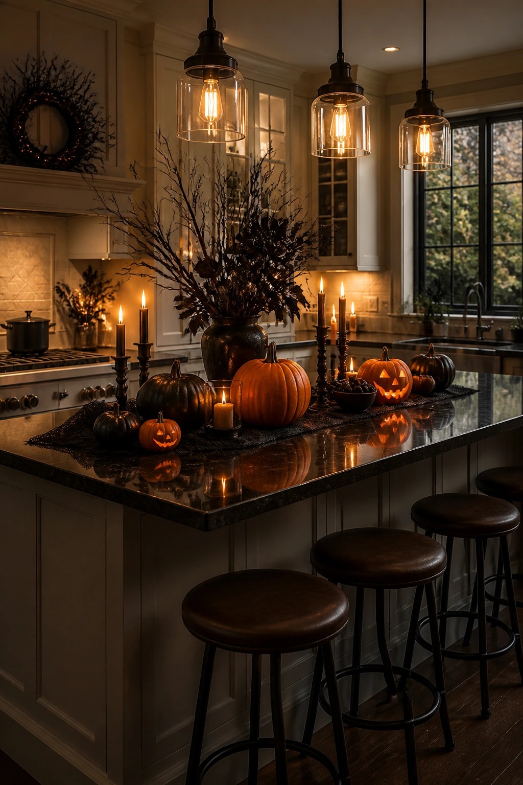 Kitchen island with several carved jack o lanterns, black branches in a vase, and lit candles arranged on a dark countertop.