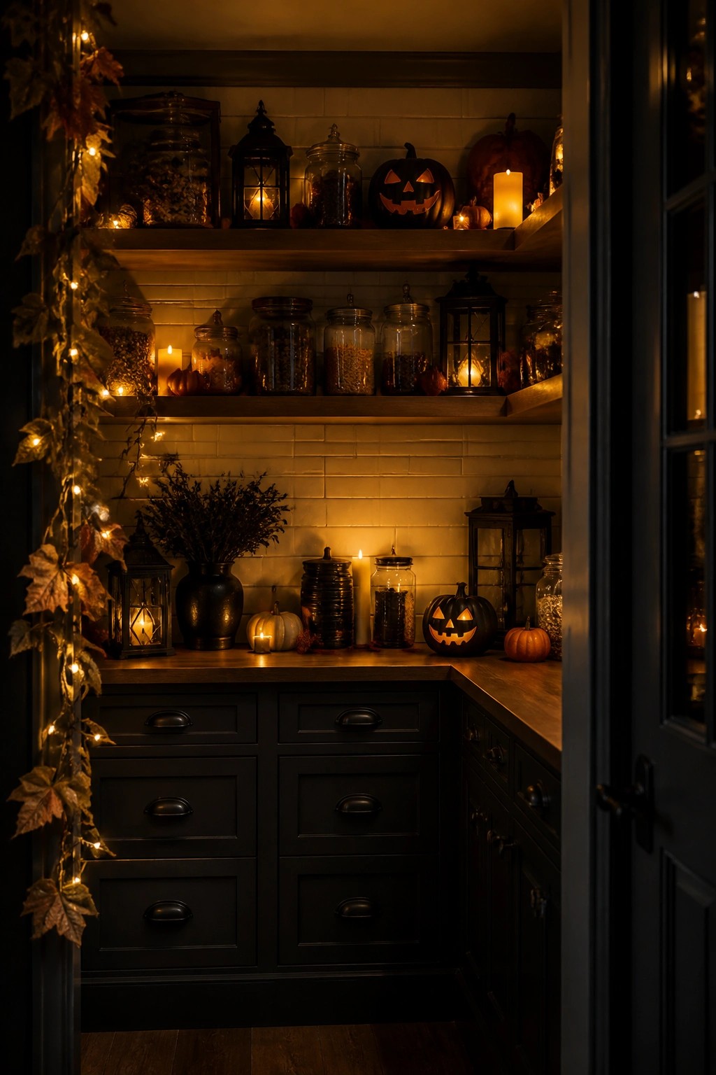 Kitchen pantry shelves and countertop styled with carved jack o lanterns, black lanterns, glass jars, and small pumpkins.