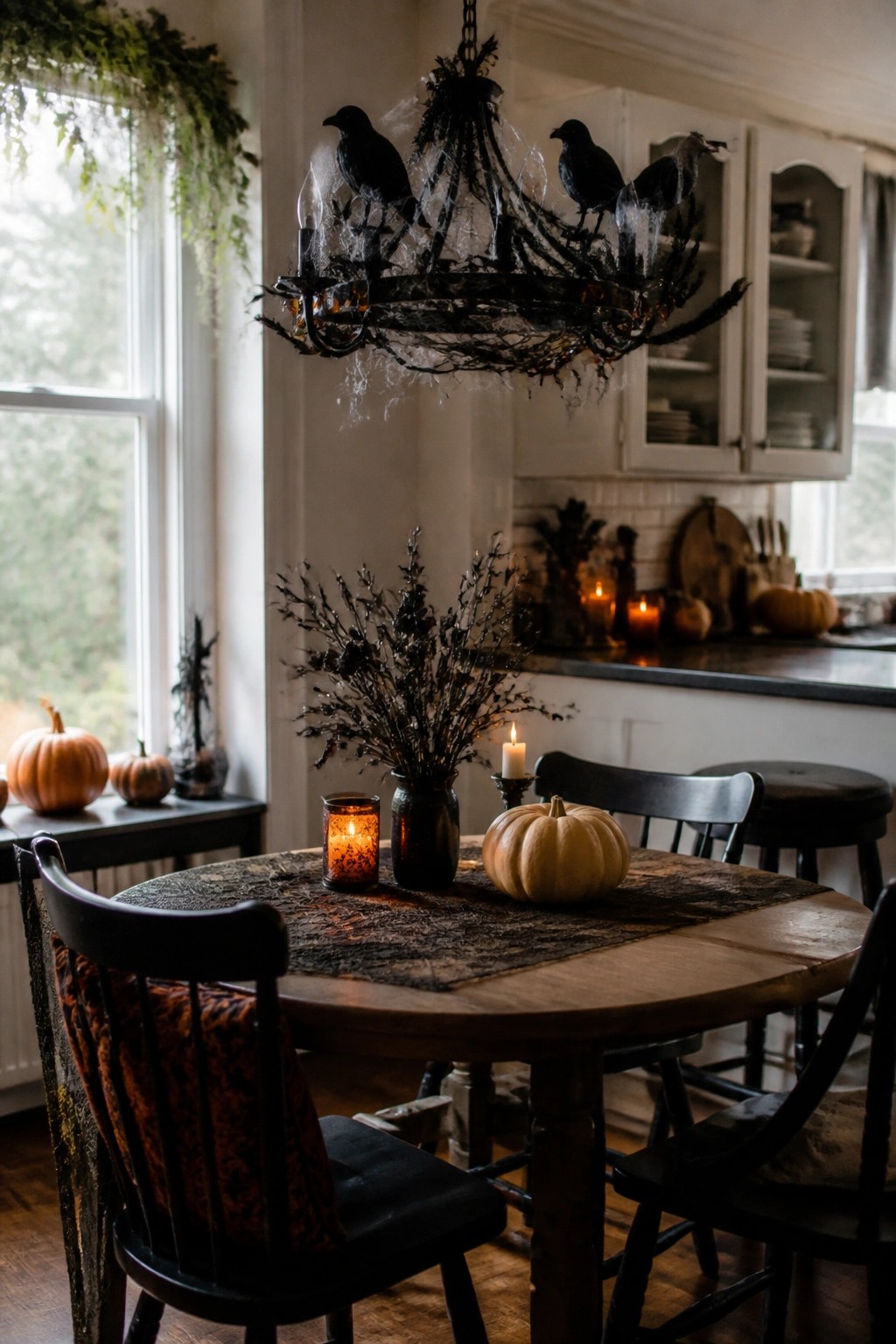 Kitchen dining table with a wooden chandelier decorated with black crows and spiderwebs, a dark runner, candles, and a white pumpkin centerpiece.