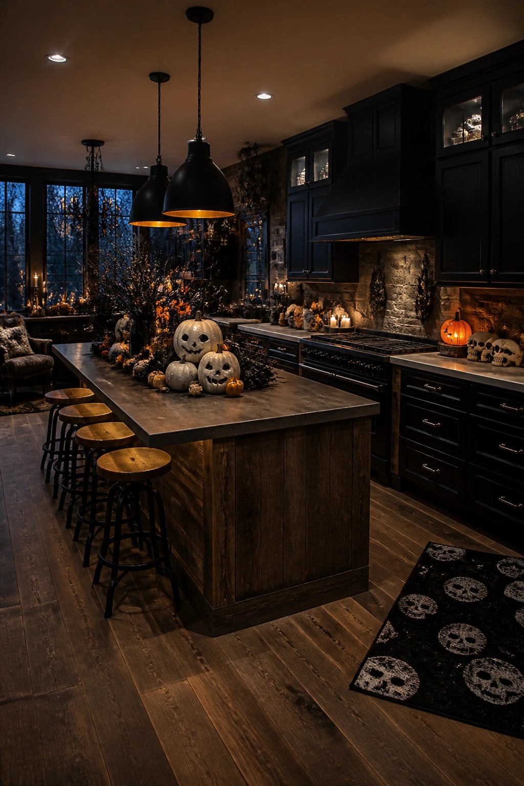 Kitchen island topped with carved white and orange jack o lanterns surrounded by dark branches, with skulls placed on the nearby counter.