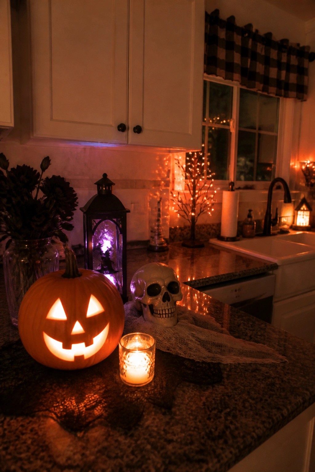 A carved jack-o'-lantern and a white skull sit together on a dark kitchen counter with a small lit candle in front.