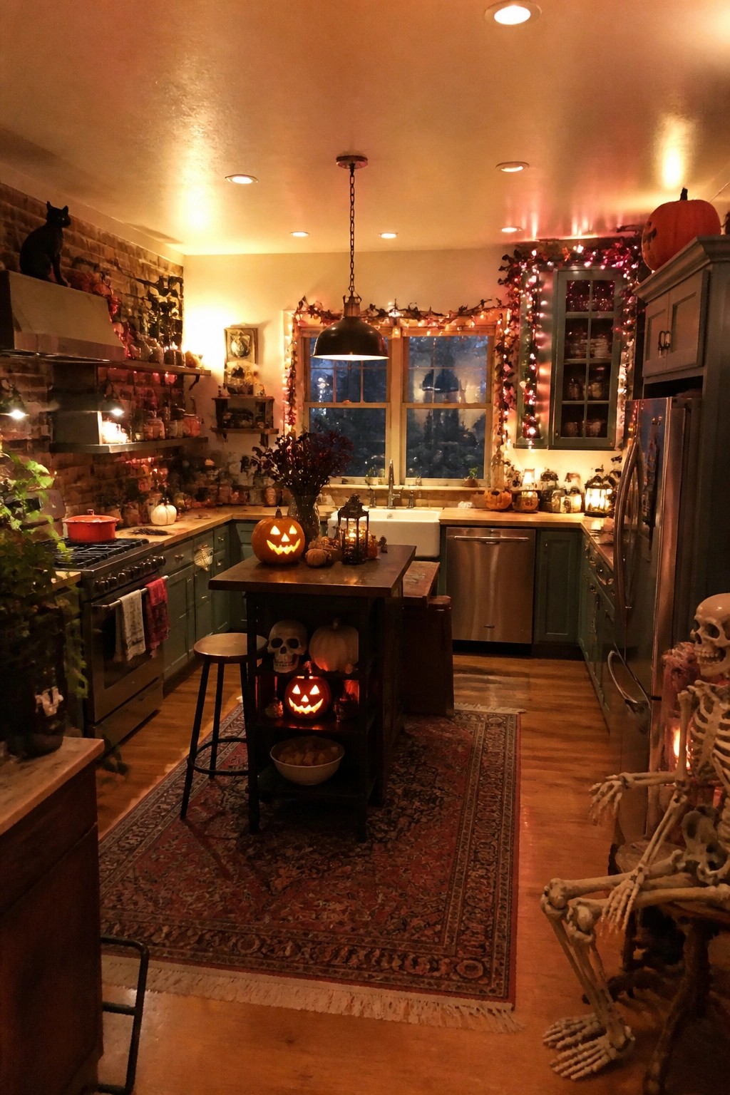 Kitchen with teal cabinets and a central wooden island holding several carved jack-o'-lanterns, with a decorative skeleton seated nearby.
