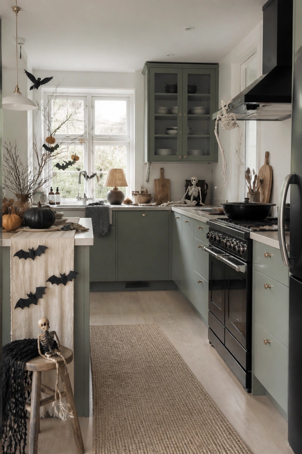 A sage green kitchen with black paper bats arranged on an island runner and near the windows, plus small decorative skeletons on a stool and counter.
