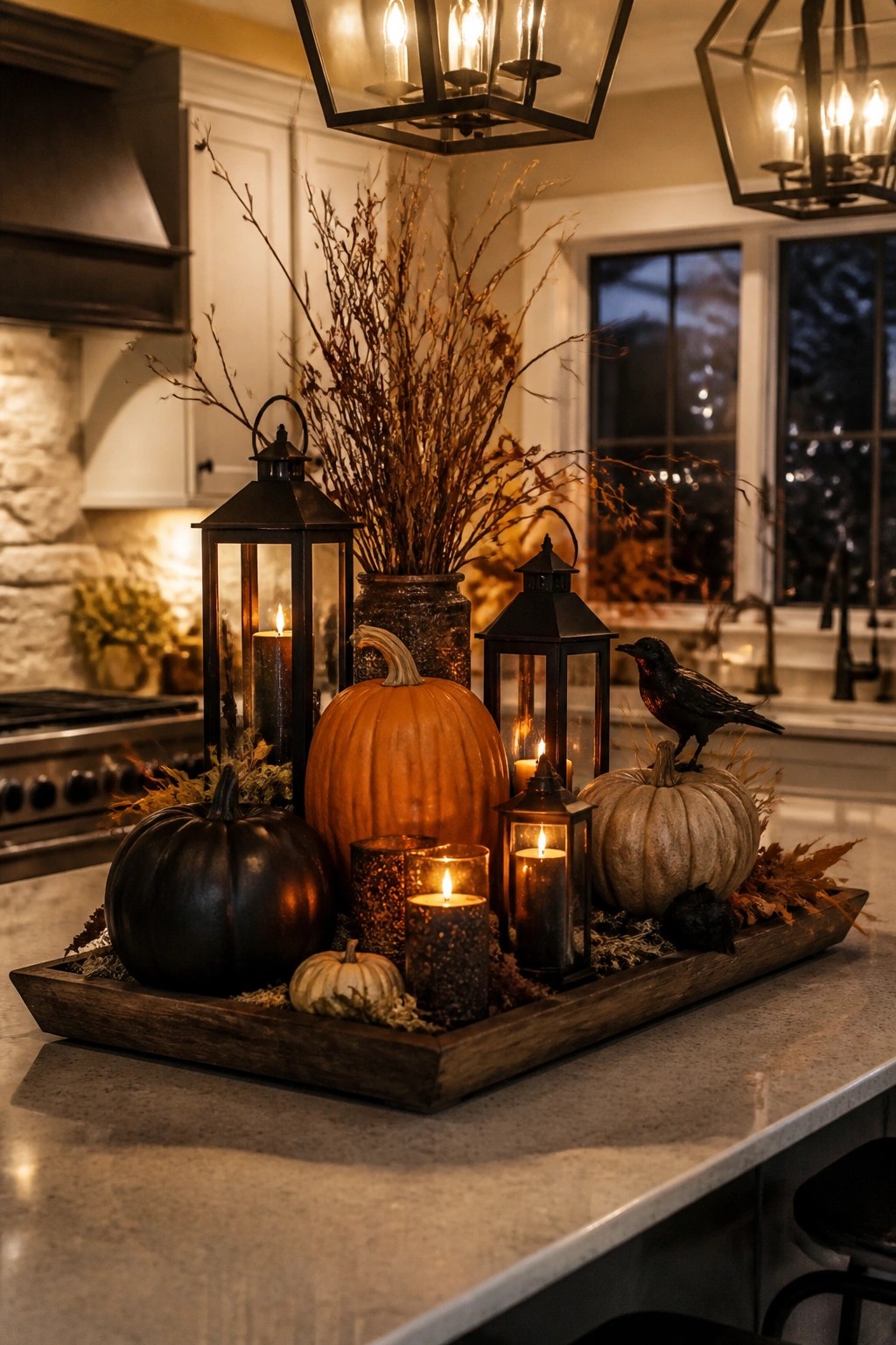 Wooden tray on a kitchen island holding orange and black pumpkins, black lanterns with candles, dried branches, and a black crow figure.