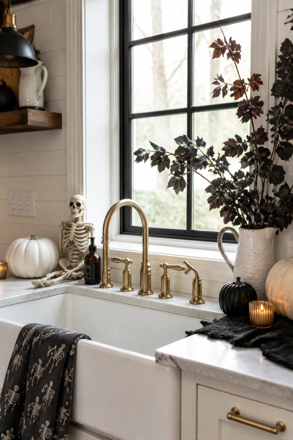 Kitchen sink with a decorative skeleton on the windowsill, a skeleton patterned towel on the sink front, and dark and white pumpkins along the counter.