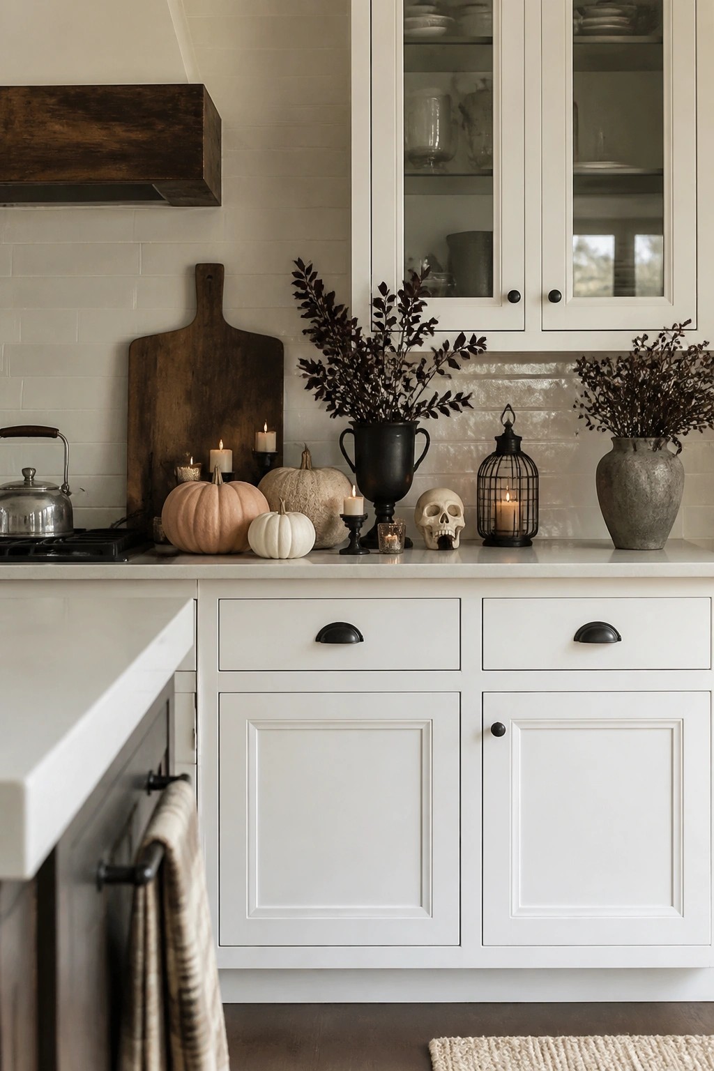 White kitchen counter with pumpkins, a human skull, black urn filled with dark branches, and a lantern arranged along the backsplash.
