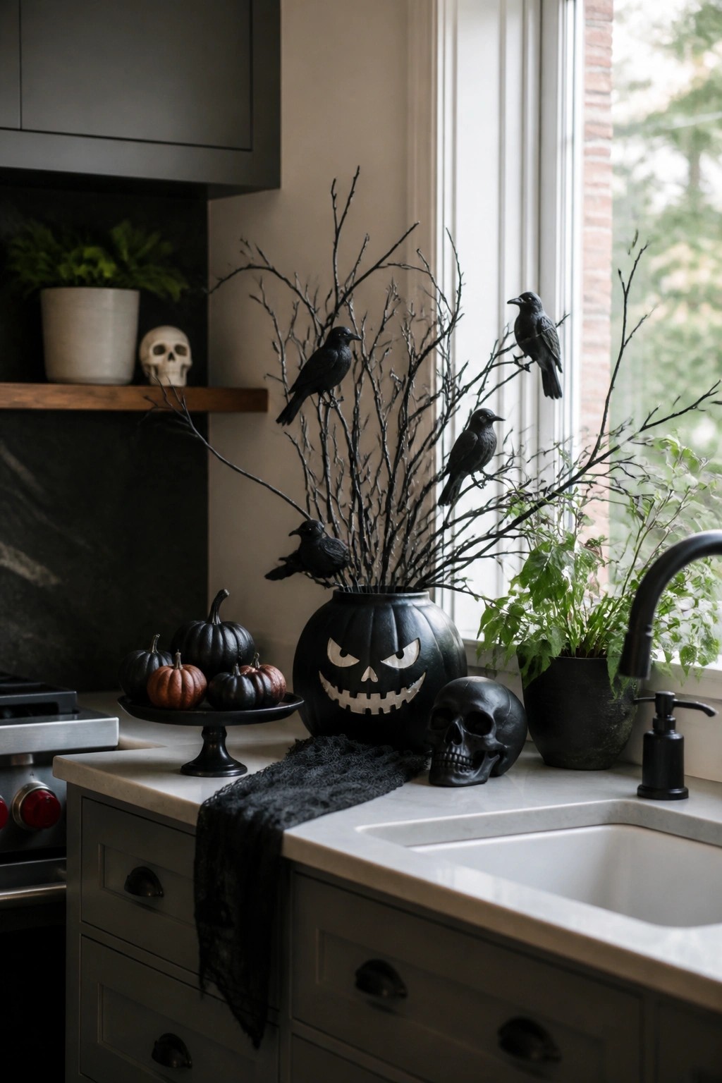 Kitchen counter with a black jack-o'-lantern vase holding bare branches and black crows, next to small pumpkins and a skull.