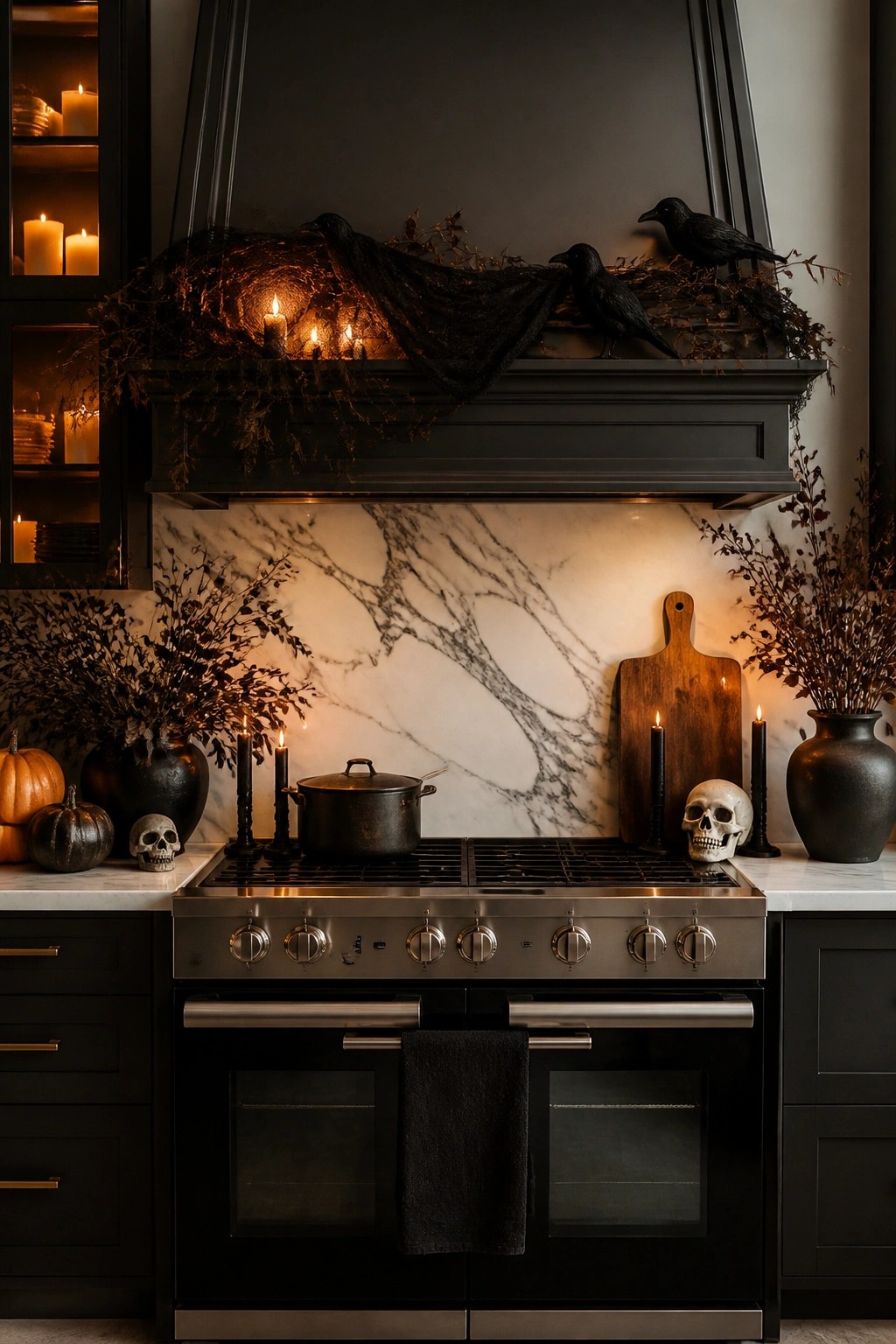 Kitchen range hood decorated with black crows, dark fabric, dried branches, and lit candles above a stainless steel stove.