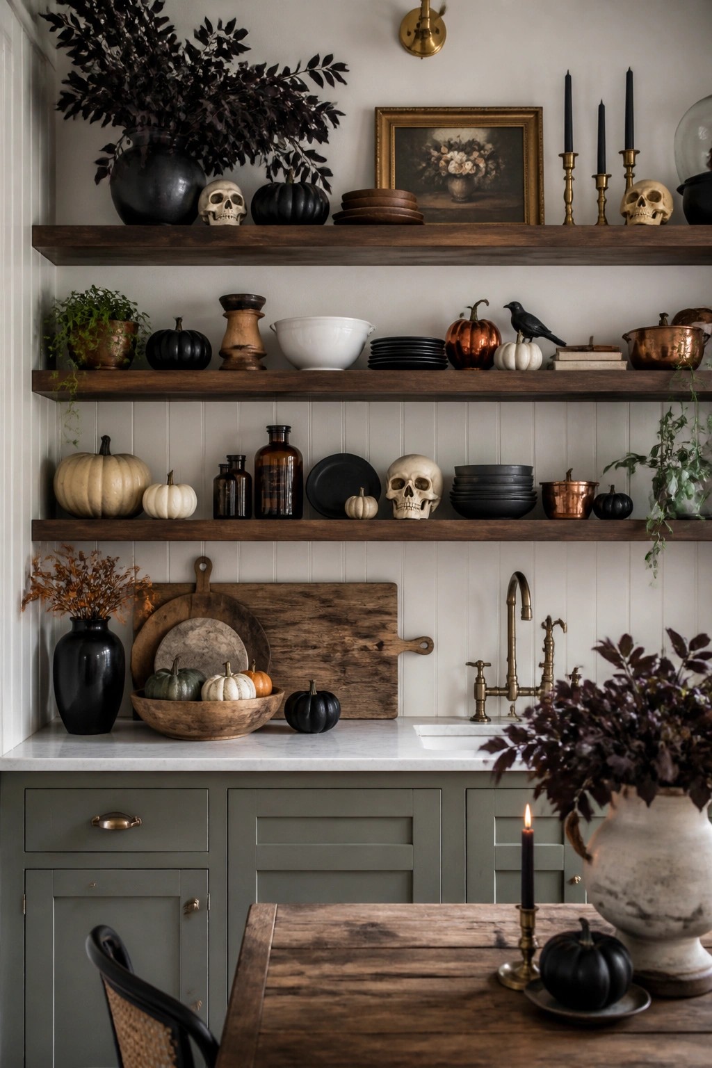 Kitchen open shelves styled with human skulls, black pumpkins, dark foliage, and neutral dishware above gray cabinets.