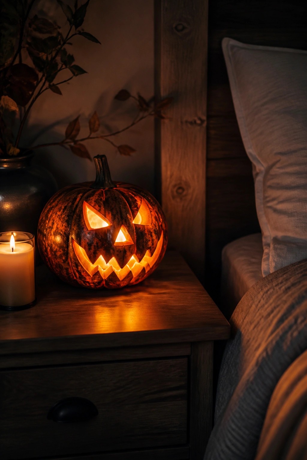 A carved and lit jack-o'-lantern sits on a dark wooden nightstand beside a bed, with a small lit candle to its left.