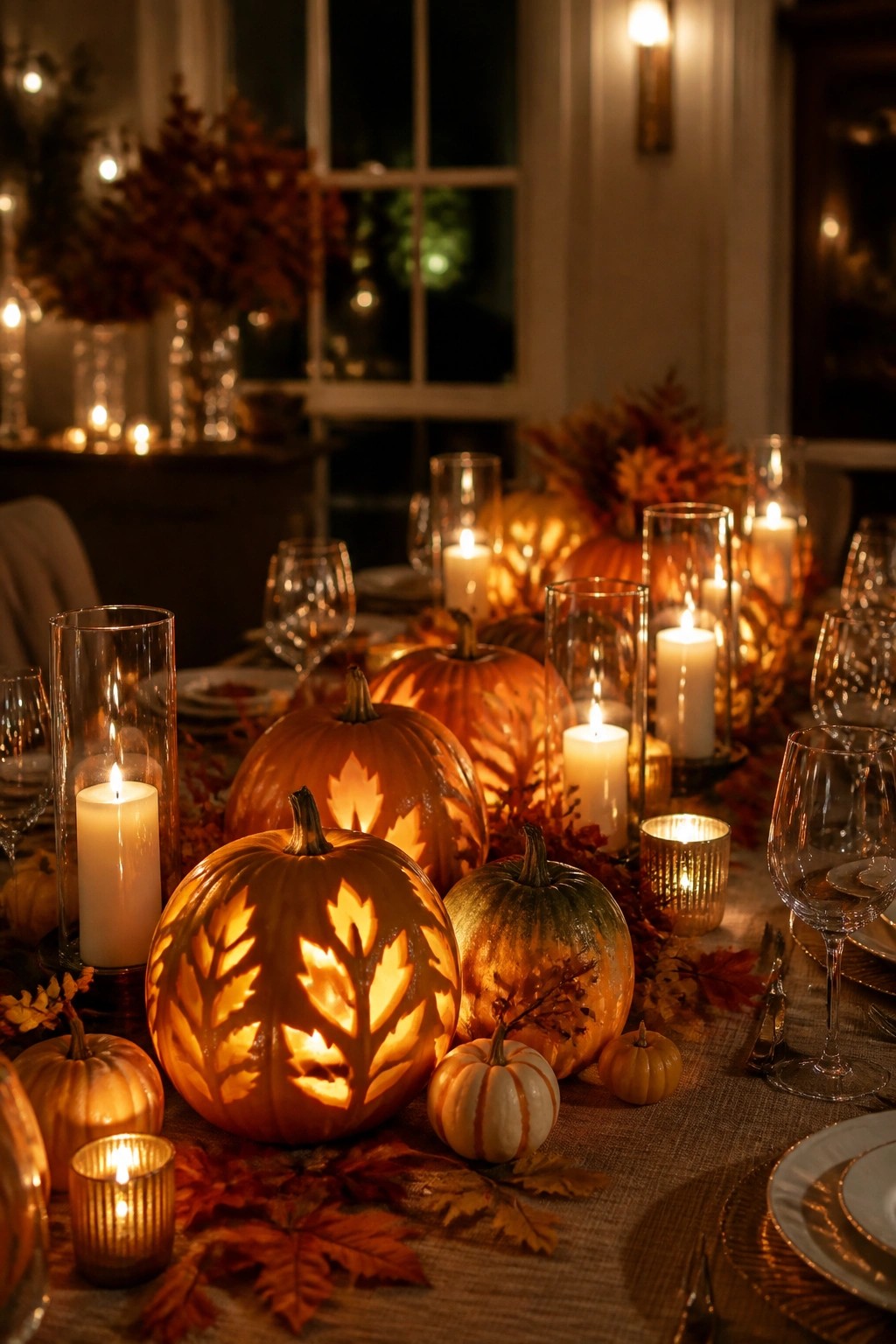 Dining table set with multiple carved pumpkin lanterns lit from within, surrounded by glass candle holders and autumn leaves.