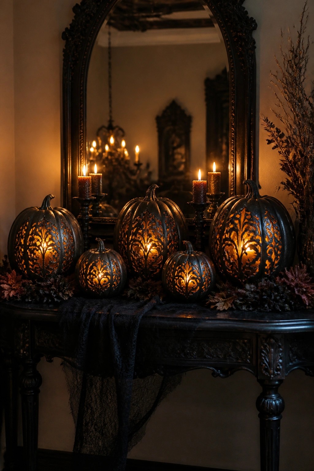 Glowing carved black pumpkins on ornate dark table with antique mirror and candles