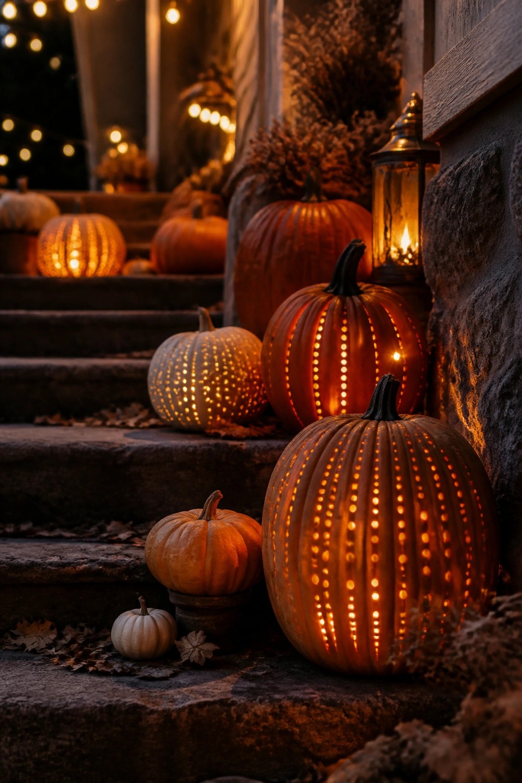Glowing carved pumpkins with dotted patterns on stone steps amid autumn leaves and string lights.