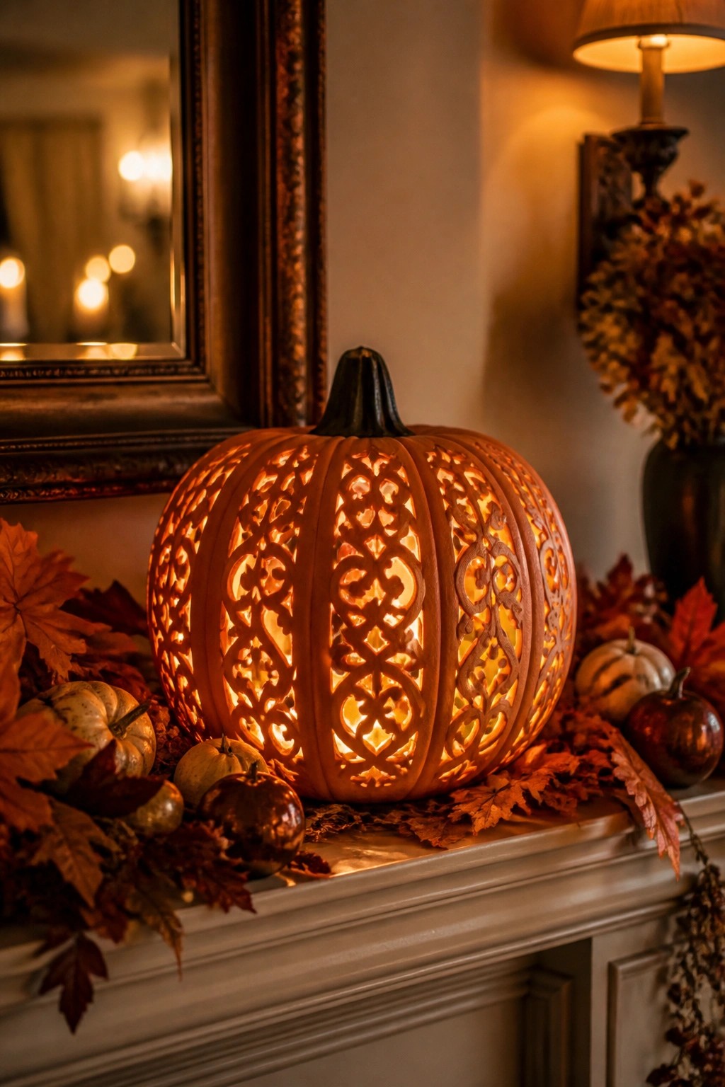 Large intricately carved pumpkin lantern glowing on a white mantel with smaller pumpkins and autumn leaves arranged around it.
