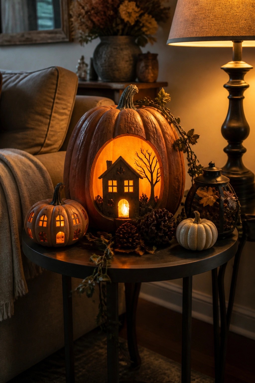 Glowing carved pumpkins with house designs on a cozy autumn table.