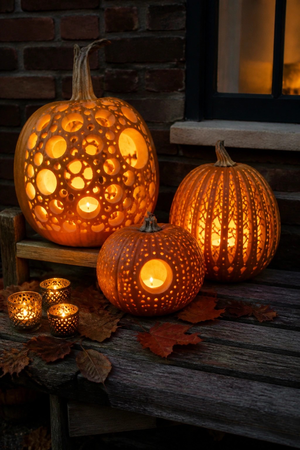 Three lit jack-o'-lanterns with varied carved patterns sit on a wooden bench in front of a brick wall.