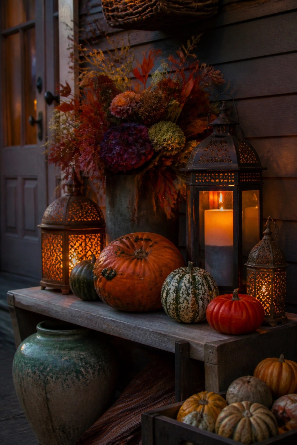 Autumn porch scene with glowing lanterns, pumpkins, and colorful fall flowers on bench