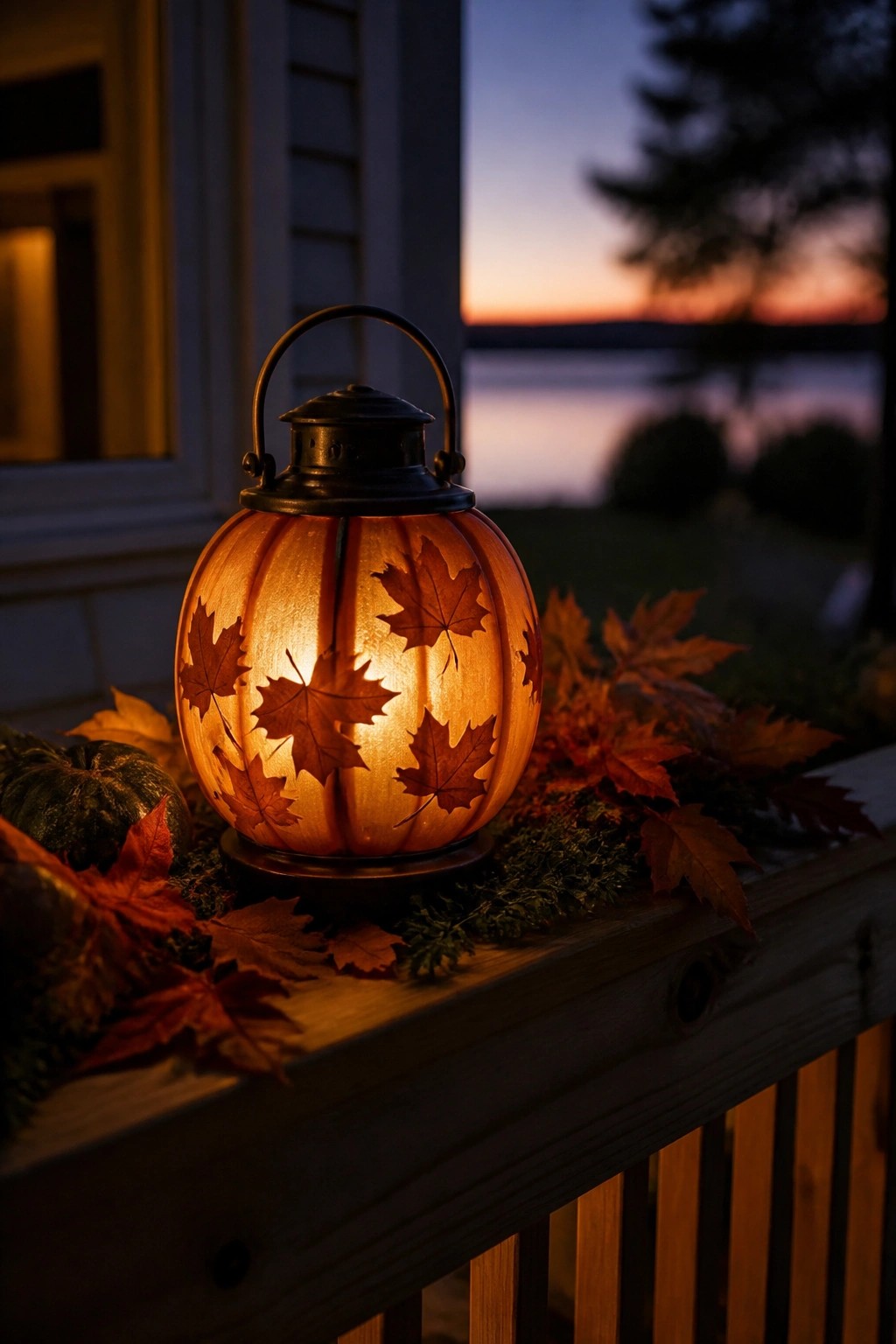A glowing pumpkin lantern with maple leaf cutouts rests on a wooden porch railing beside autumn leaves and a small gourd at dusk.