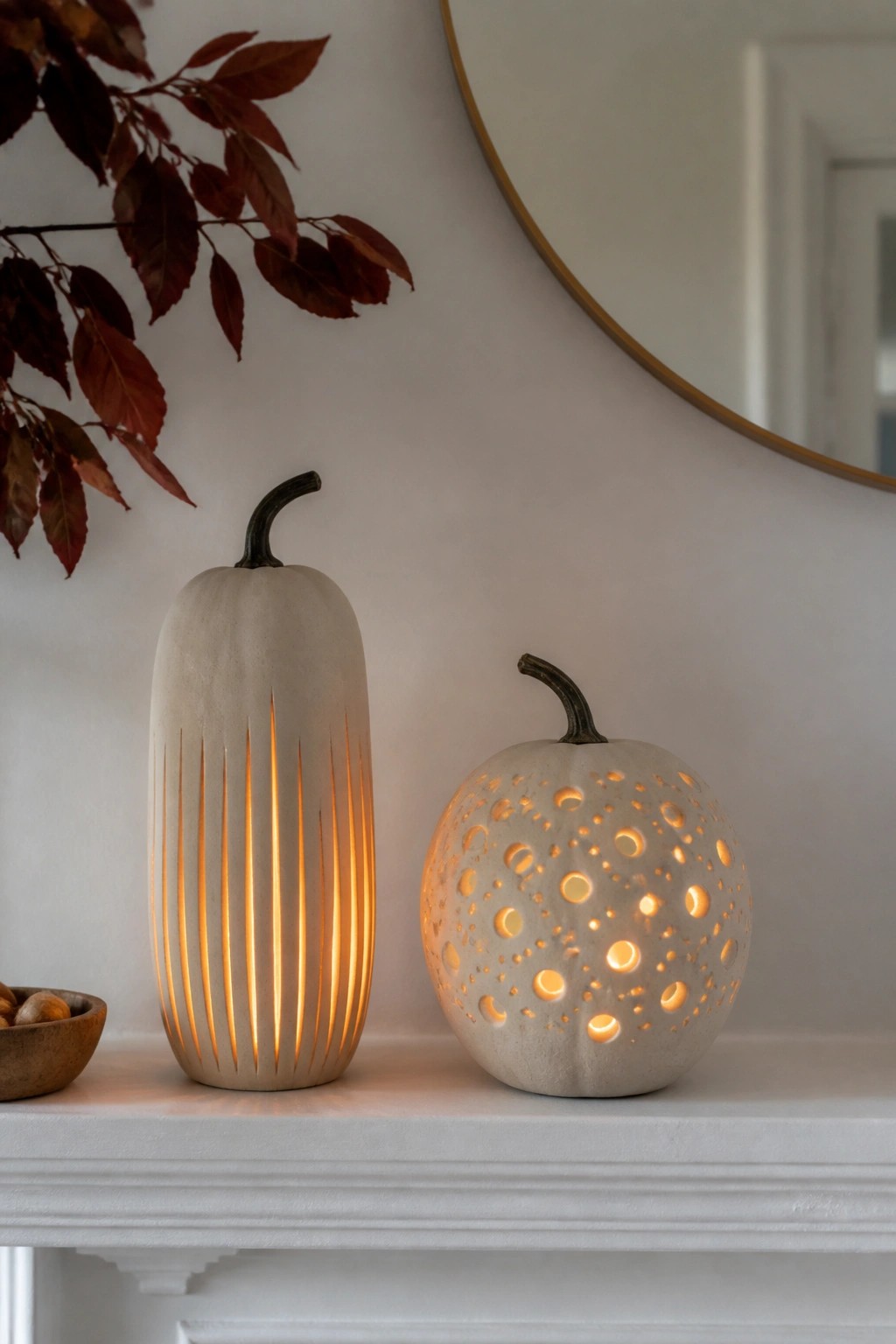Two glowing carved pumpkin lanterns sit on a white mantel, one with vertical slits and one with circular cutouts, beneath a round mirror.