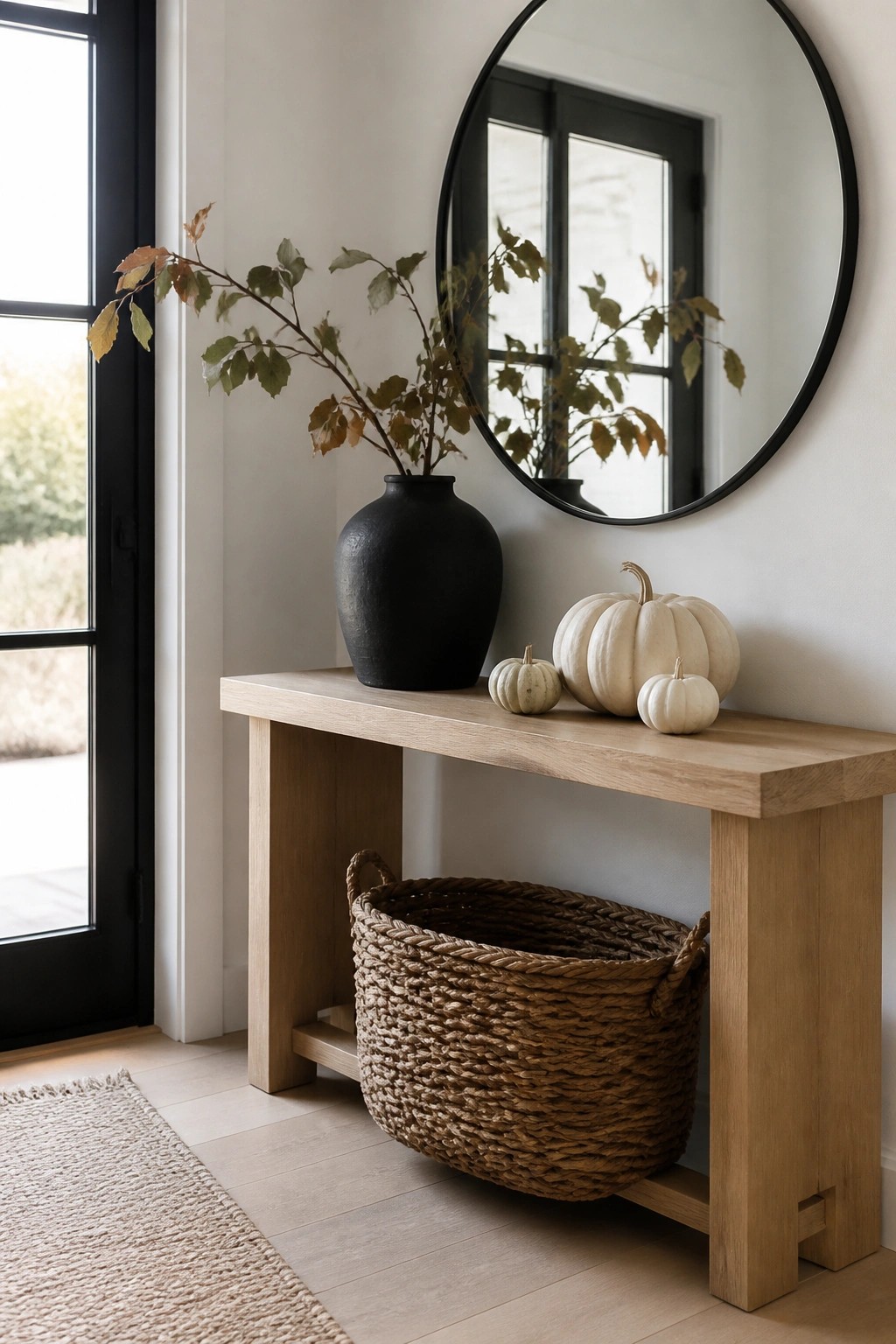 Light wood console table in an entryway holding several white pumpkins of varying sizes next to a black vase, with a woven basket stored underneath.