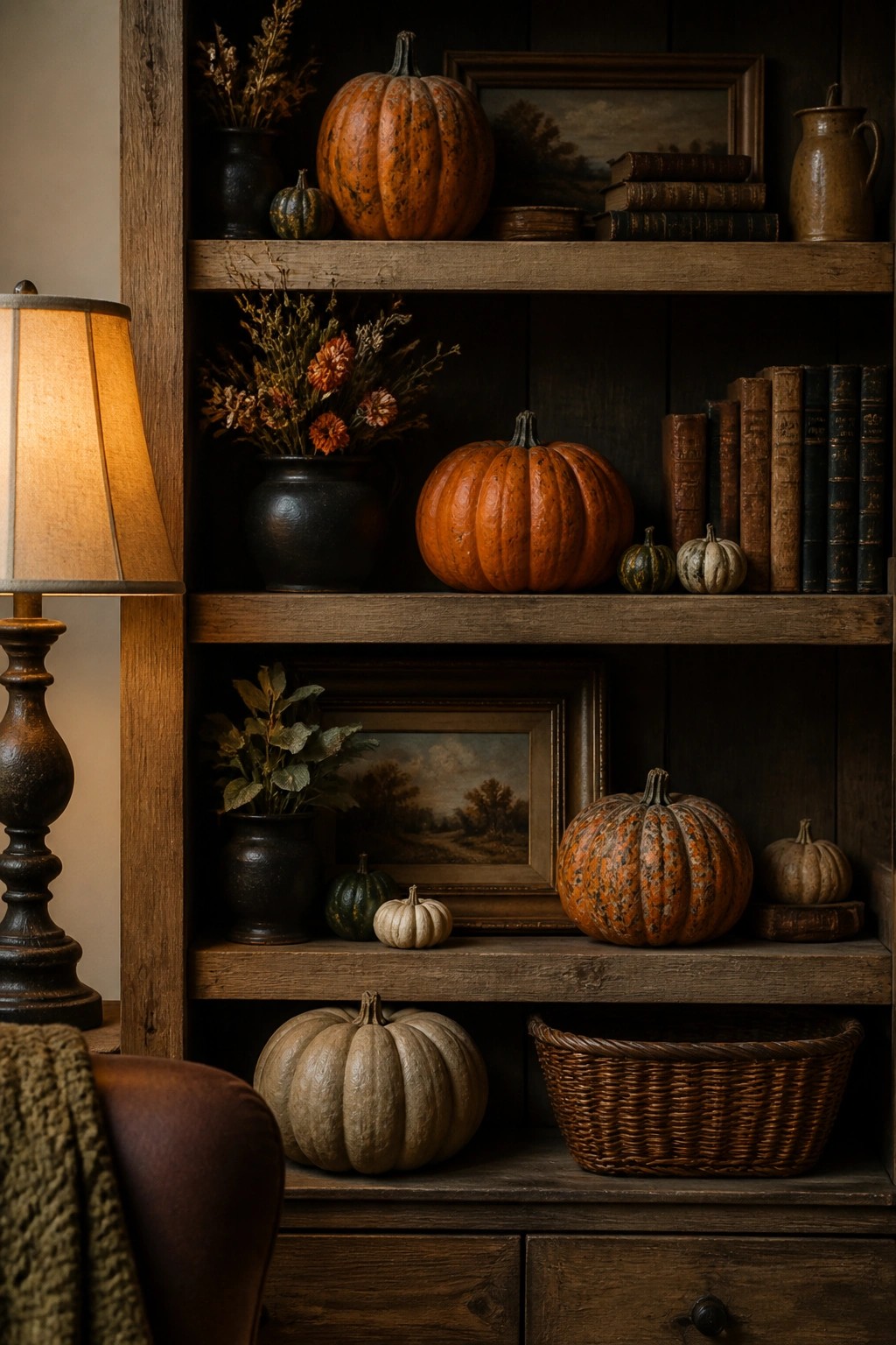 Wooden built-in shelves holding assorted pumpkins in orange and pale tones along with old books, dried flowers in dark vases, and small framed pictures.