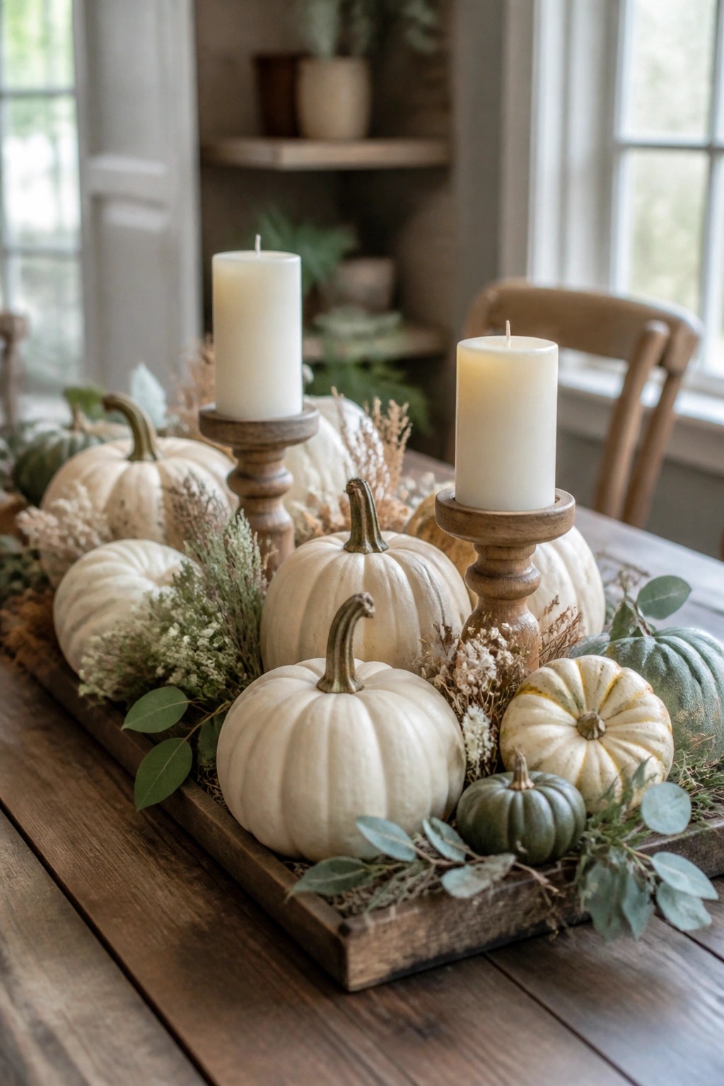 Rustic wooden tray holding white pumpkins, candles, and dried autumn foliage on table.