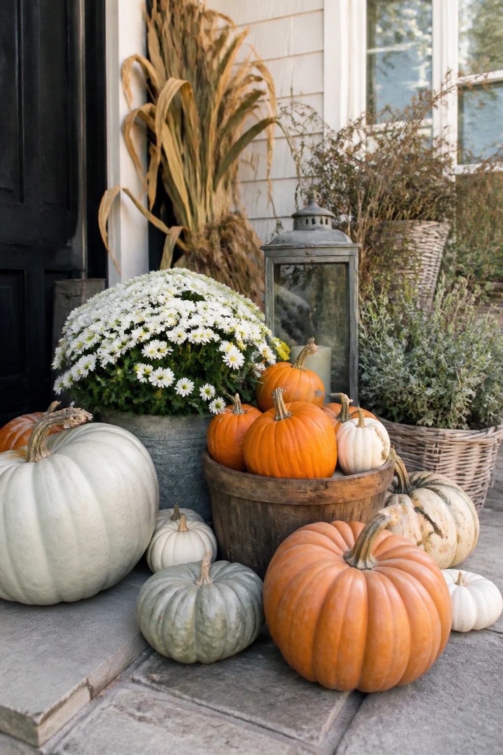 Front porch steps lined with orange, white, and green pumpkins of various sizes, some placed in a wooden bucket beside a potted mum and lantern.