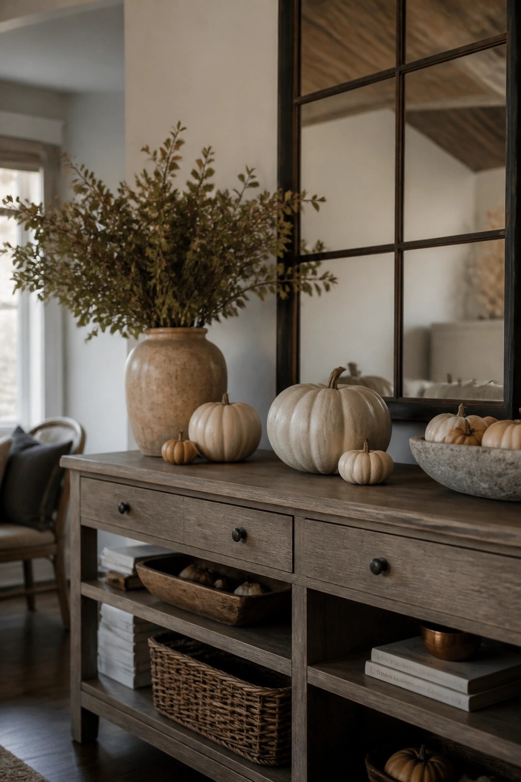Wooden console table styled with a collection of white and beige pumpkins of various sizes, a large vase of greenery, and a stone bowl holding more small pumpkins.