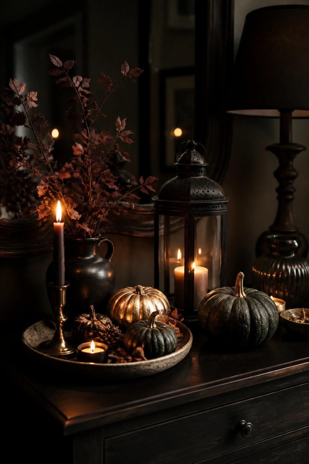 Dark wooden console with a ceramic tray holding metallic gold and dark green pumpkins, lit candles, a black lantern, and dried foliage.
