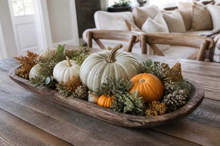 25 Simple Pumpkin Decor Ideas That Make a Big Impact Rustic wooden tray holding white pumpkins, candles, and dried autumn foliage on table.