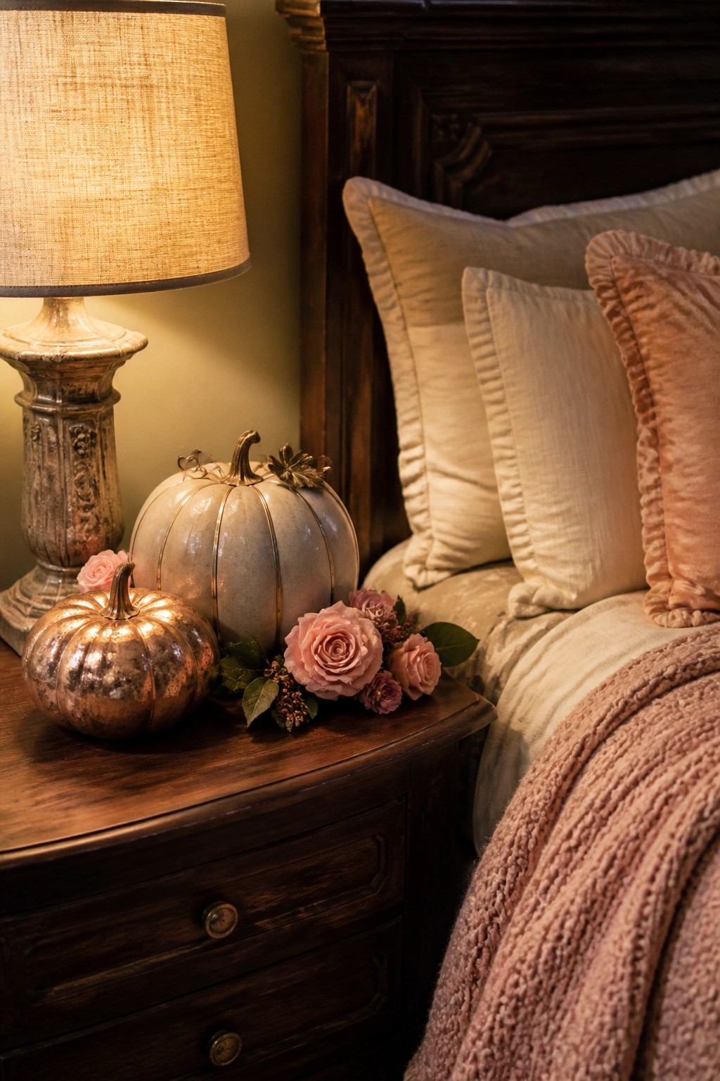 Glowing lamp, metallic pumpkins, and pink roses on wooden nightstand beside cozy bed.